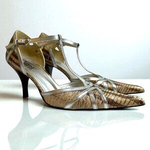 Carlos Santana Taupe and Silver T-Strap Revenge Heels Size 8 M Pointed Toe